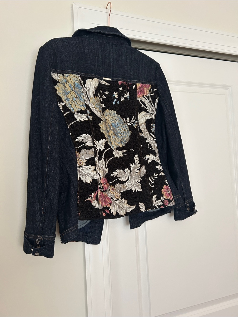 White House Black Market Black Denim Jacket with Floral Embroidery - Picture 2 of 2